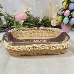Palm Restaurant Glass Baking Dishes with Hand and Rattan Trivet 2pc set  New 13"